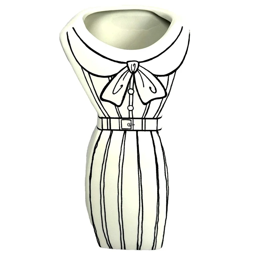 Black White Ceramic Dress Vase Bow Collar Novelty Decorative Vase